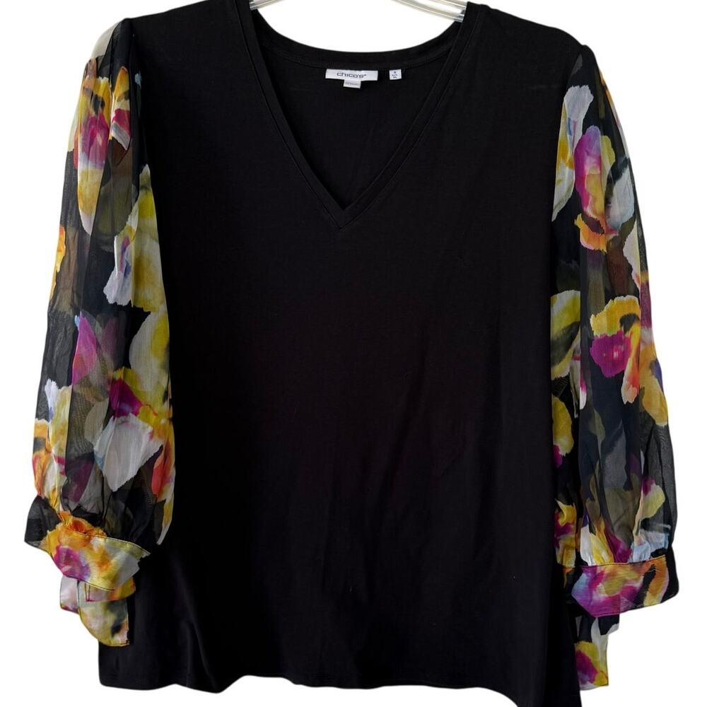 Chico’s size XL floral chiffon 3/4 tie sleeves blouse